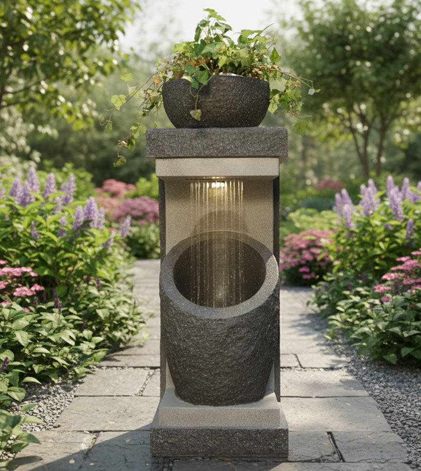 نافورة رمادية قائمة بشكل مستطيل