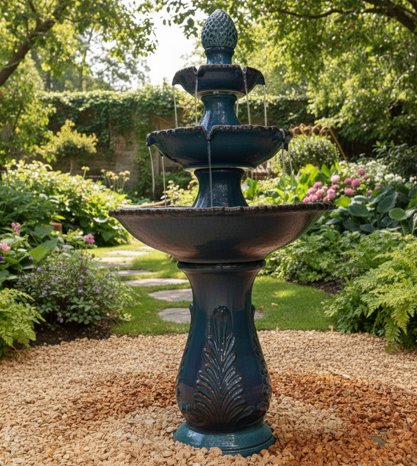 نافورة سيراميك بثلاث طبقات باللون الأزرق البحري